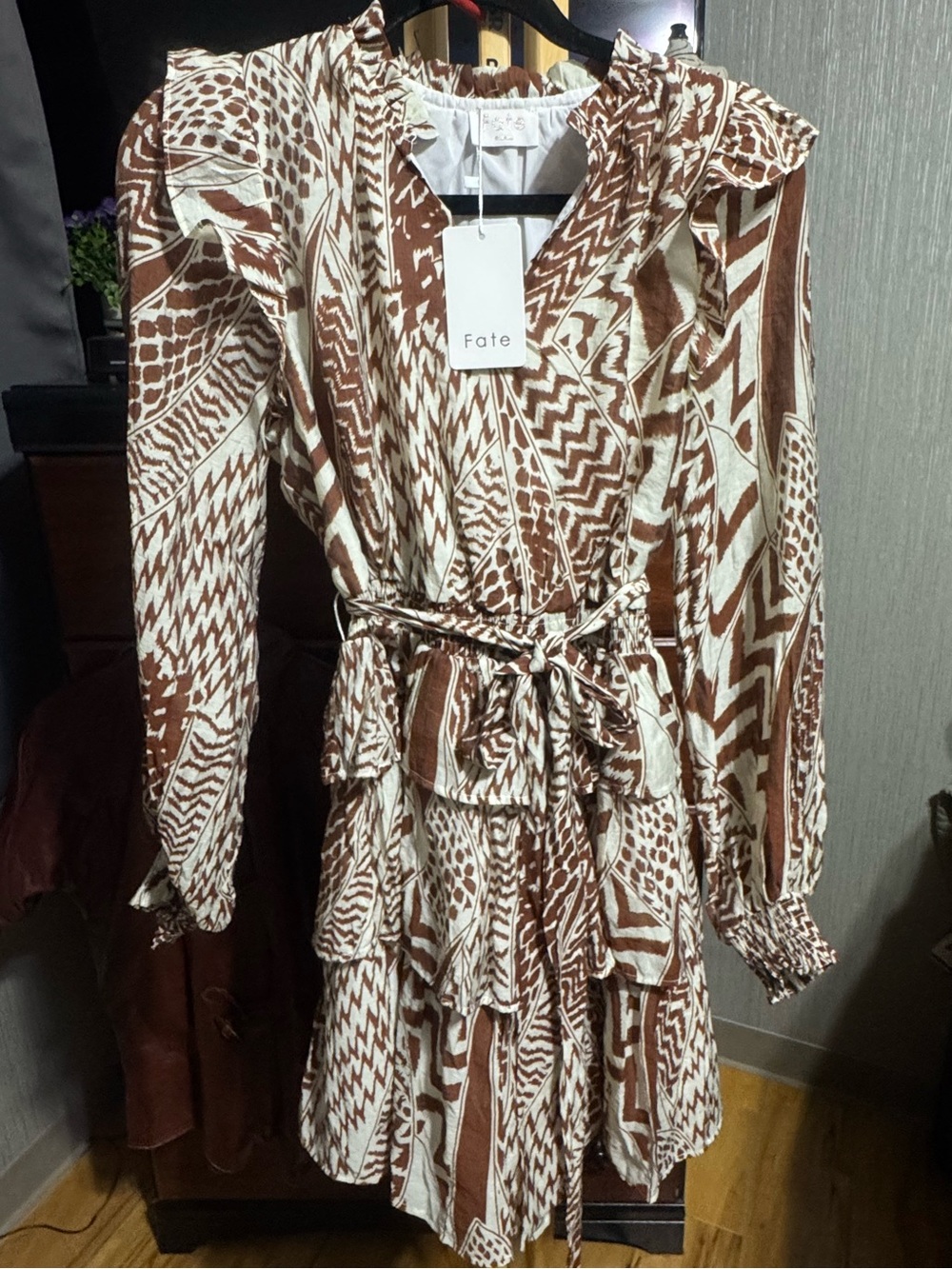 Fate Brown & Cream Animal Print Ruffle Long Sleeve Dress Size Small NWT